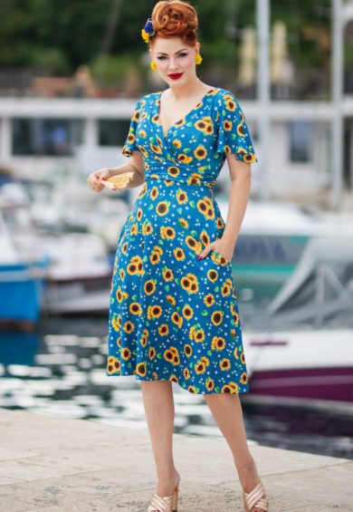 Donna Crossover Bust Blue with Sunflower Print Women's Dress – Dresses | Kitty Darling