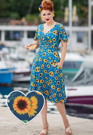 Donna Crossover Bust Blue with Sunflower Print Women's Dress – Shop now at Kitty Darling