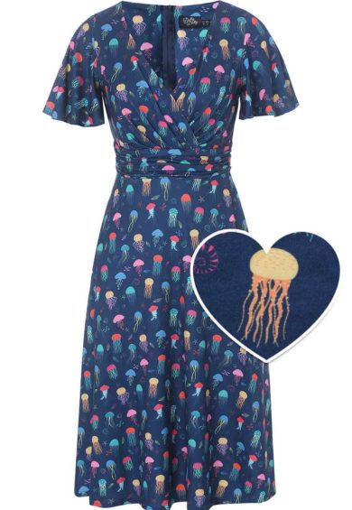 Donna Navy Blue Petal Sleeves Flared Bust Colorful Jellyfish Print Summer Dress – Shop now at Kitty Darling