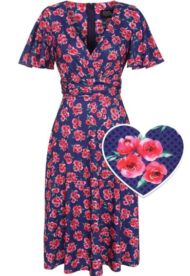 Donna Navy Blue Petal Sleeves Flared Bust Red Floral Grid Summer Dress – Shop now at Kitty Darling