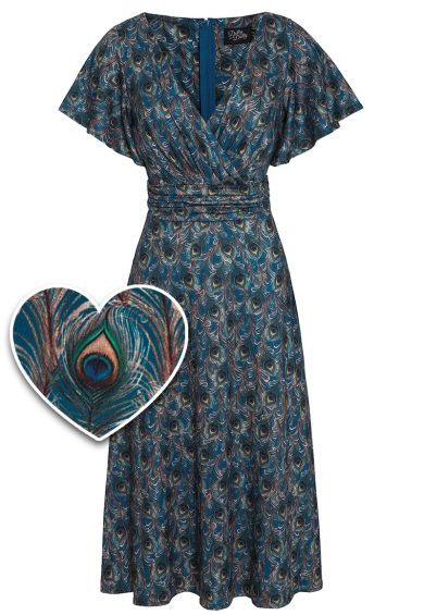 Donna Cross Over Bust Flared Dress in Peacock Feather Print – Shop now at Kitty Darling