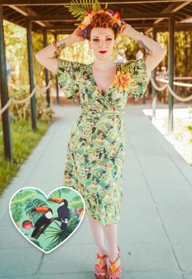 Donna Petal Sleeved Dress in Tropical Green and Toucan Print – Shop now at Kitty Darling