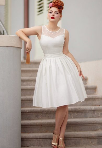 Elizabeth White Mesh Panel Bridal Wedding Swing Dress – Shop now at Kitty Darling