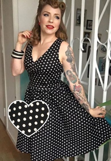 May V-neck 50s Style Swing Dress in Black Polka Dot – Shop now at Kitty Darling