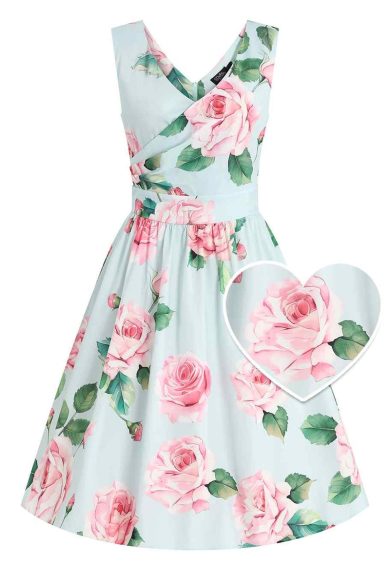 May V-neck Baby Blue 50's Style Floral Print Swing Dress – Shop now at Kitty Darling