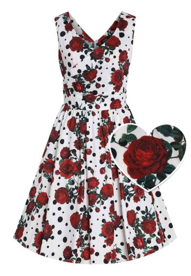 May V-neck White 50's Style Floral/Polka Print Swing Dress – Shop now at Kitty Darling