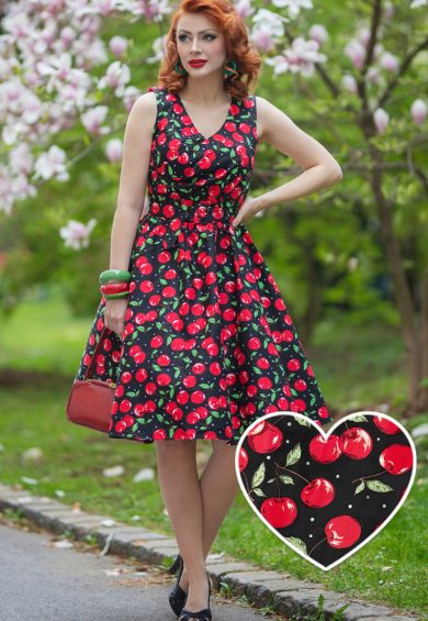 May Crossover Bust Cherry Swing Dress – Shop now at Kitty Darling