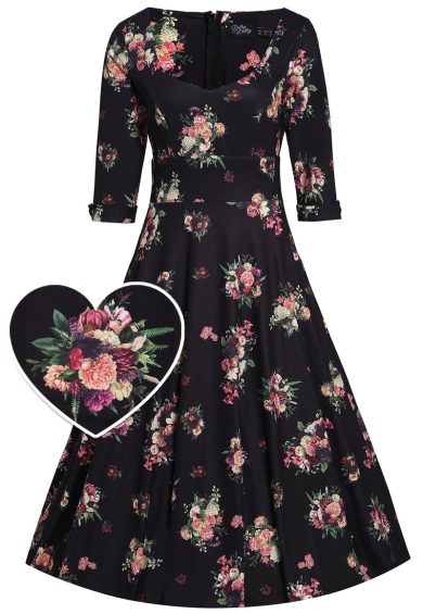 Scarlette Long-Sleeved Stretchy Dress in Black with Floral Print – Shop now at Kitty Darling