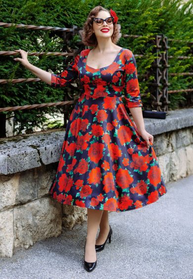 Scarlette Navy Blue Floral Long-sleeved Stretchy Dress – Dresses | Kitty Darling