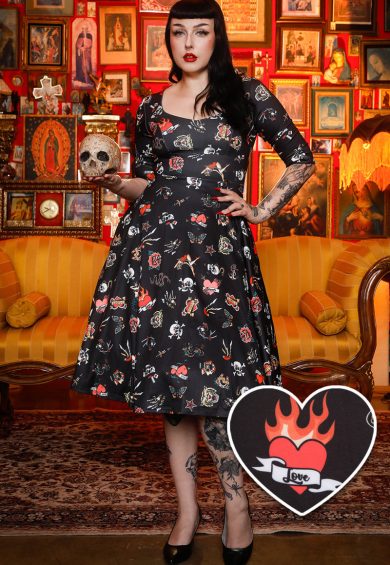 Scarlette Long Sleeves Stretchy Dress Black with Tattoo Print – Shop now at Kitty Darling