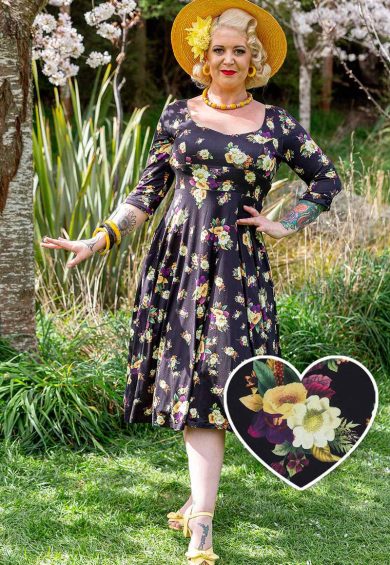 Scarlette Long-Sleeved Stretchy Dress in Black & Yellow Floral Print – Shop now at Kitty Darling