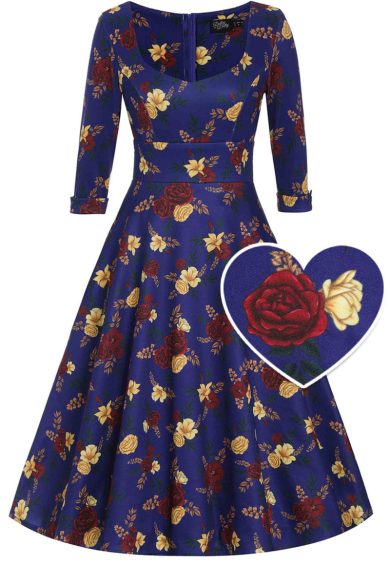 Scarlette Blue Red & Yellow Rose Print Long Sleeved Dress – Shop now at Kitty Darling