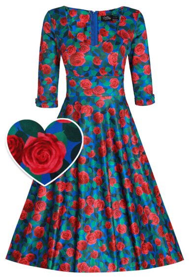 Scarlette Long Sleeves Stretchy Dress in Royal Blue & Red Roses Print – Dresses | Kitty Darling