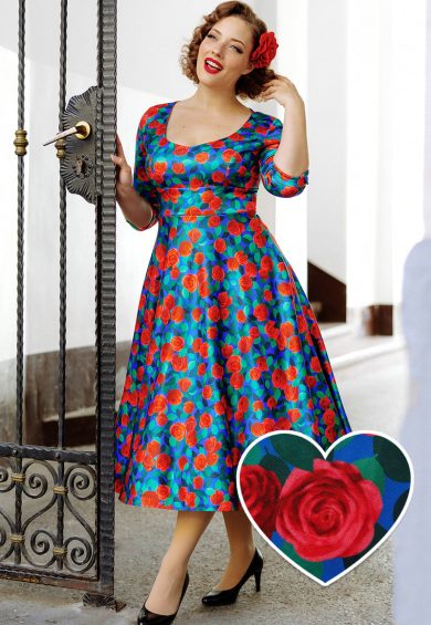 Scarlette Long Sleeves Stretchy Dress in Royal Blue & Red Roses Print – Shop now at Kitty Darling