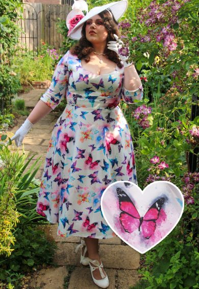 Scarlette Sweetheart Neckline Long-sleeved Stretchy Dress In White & Colourful Butterflies – Shop now at Kitty Darling
