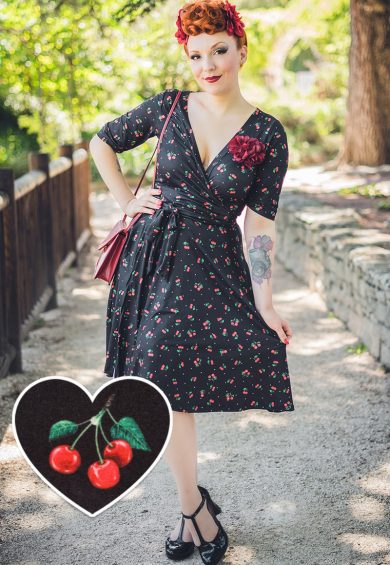 Matilda Black Cherry Print Knit Wrap Dress – Shop now at Kitty Darling