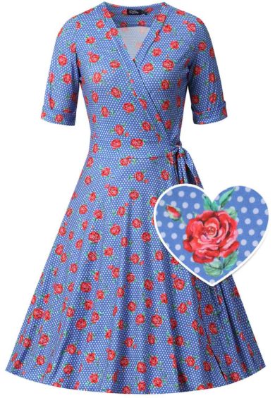 Matilda Vintage-Inspired Blue Polka Dot Rose Print Wrap Dress – Shop now at Kitty Darling