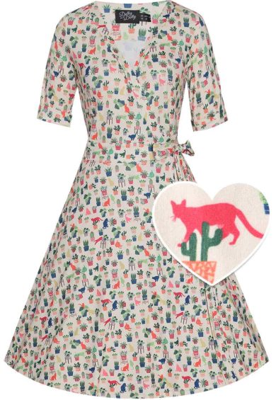 Matilda Cream Knit Vintage-Inspired Cat & Plant Print Wrap Dress – Shop now at Kitty Darling