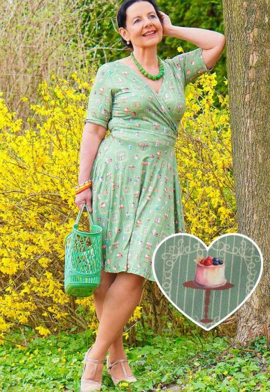 Matilda Green Vintage-Inspired Cake Print Knit Wrap Dress – Shop now at Kitty Darling