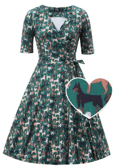 Matilda Green Knit Vintage-Inspired Dog Print Wrap Dress – Shop now at Kitty Darling