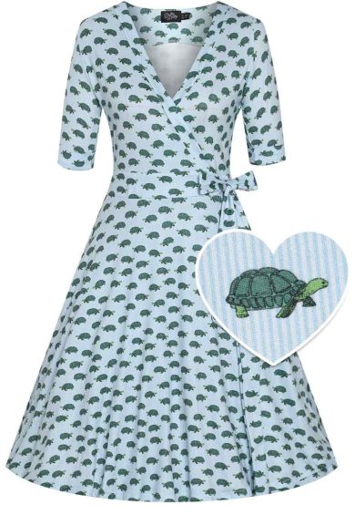 Matilda Light Blue Knit Vintage-Inspired Sea Turtle Print Wrap Dress – Shop now at Kitty Darling