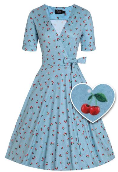 Matilda Red Cherry Blue Wrap Dress – Shop now at Kitty Darling