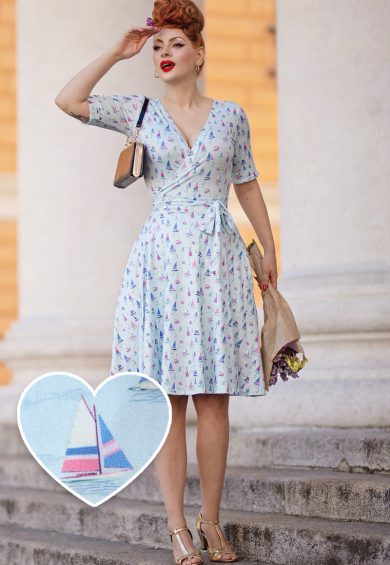 Matilda Sailboat Blue Wrap Dress – Shop now at Kitty Darling