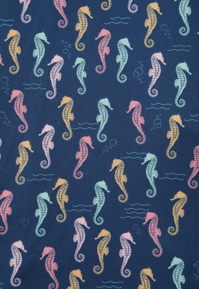 Matilda Navy Blue Knit Vintage-Inspired Pastel Seahorse Print Wrap Dress – Dresses | Kitty Darling