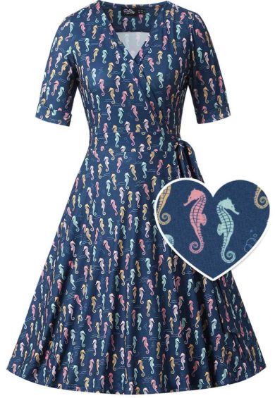 Matilda Navy Blue Knit Vintage-Inspired Pastel Seahorse Print Wrap Dress – Shop now at Kitty Darling