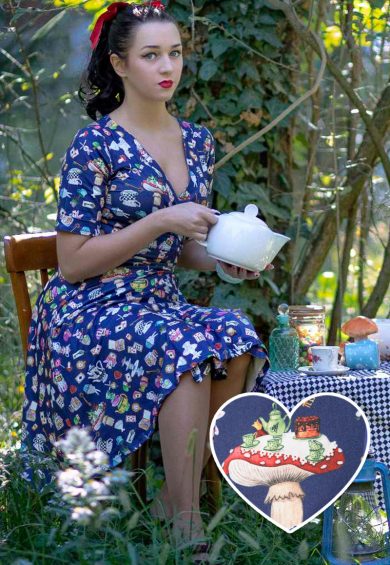 Matilda Navy Blue with Wonderland Print Knit Wrap Dress – Shop now at Kitty Darling