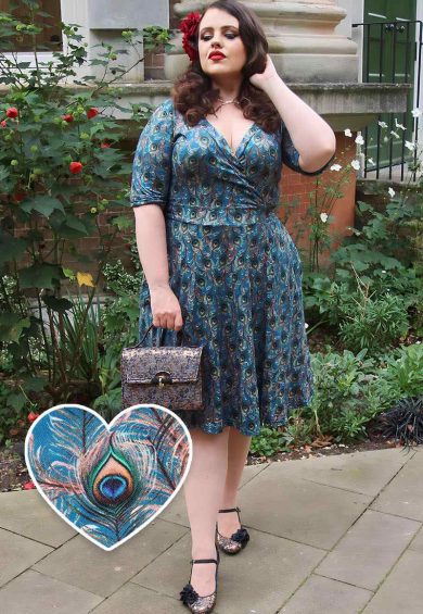 Matilda Blue & Peacock Feather Knit Wrap Dress – Shop now at Kitty Darling