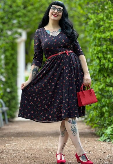 Billie Long Sleeved Black Cherry Print Dress – Dresses With Pockets | Kitty Darling