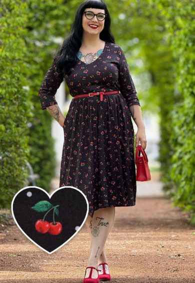 Billie Long Sleeved Black Cherry Print Dress – Shop now at Kitty Darling