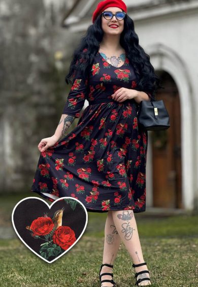 Billie Long Sleeved Dress in Black & Red Rose Print – Shop now at Kitty Darling