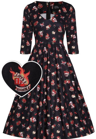 Billie Long Sleeved Black Skull & Rose Print Dress – Shop now at Kitty Darling