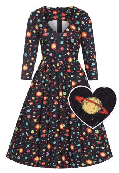 Billie Black Long Sleeved Solar System Print Flared Dress – Shop now at Kitty Darling