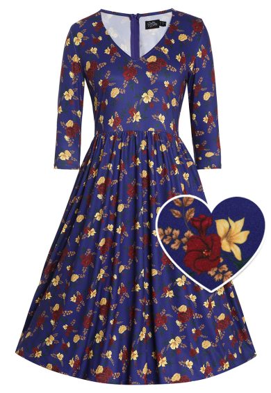 Billie Blue Long Sleeved Red Rose Print Flared Dress – Shop now at Kitty Darling