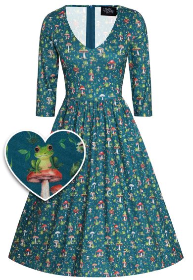 Billie Long Sleeved Dress in Green Frog & Mushroom Print – Shop now at Kitty Darling
