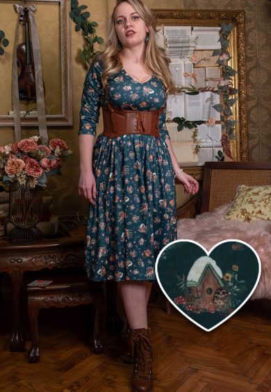 Billie Long Sleeved Dress in Dark Green Woodland Deer & Owl Print – Shop now at Kitty Darling