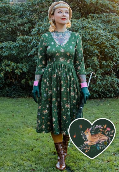 Billie Green Woodland Print Long Sleeved Dress – Shop now at Kitty Darling
