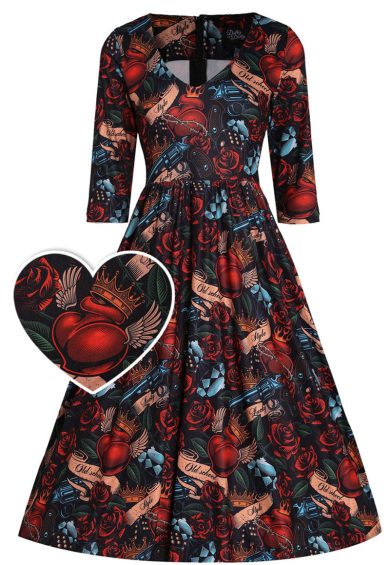 Billie Long Sleeved in Black Heart and Roses Print Dress – Shop now at Kitty Darling