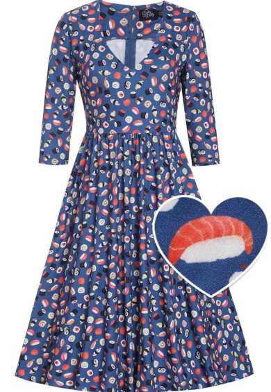 Billie Navy Blue V-Neckline Sushi Print Long-Sleeved Dress – Shop now at Kitty Darling
