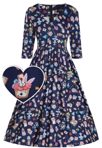 Billie Long Sleeved in Navy Blue with Wonderland Print Dress – Shop now at Kitty Darling