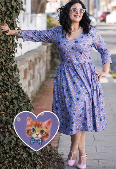 Billie Long Sleeved Dress in Purple Nerdy Cat Print – Shop now at Kitty Darling