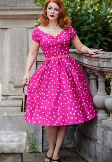Lily Off Shoulder 50s Polka Dot Evening Dress in Hot Pink/White – Shop now at Kitty Darling