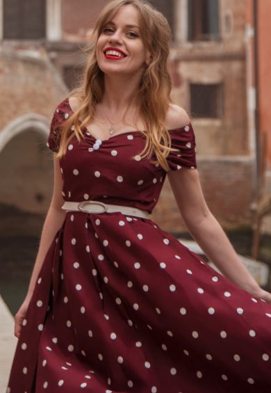 Lily Off Shoulder Polka Dot Evening Dress in Burgundy & White – Shop now at Kitty Darling