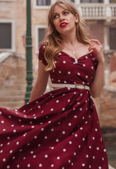 Lily Off Shoulder Polka Dot Evening Dress in Burgundy & White – Dresses With Pockets | Kitty Darling