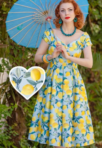 Lily Off Shoulder 50's Satin Evening Dress in Light Blue Lemon – Shop now at Kitty Darling