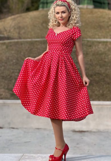 Lily Red Polka Off Shoulder Swing Dress – Dresses With Pockets | Kitty Darling