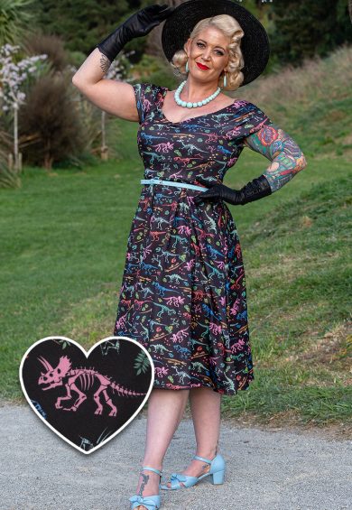 Lily Retro Off Shoulder Colourful Dino Print Swing Dress – Shop now at Kitty Darling